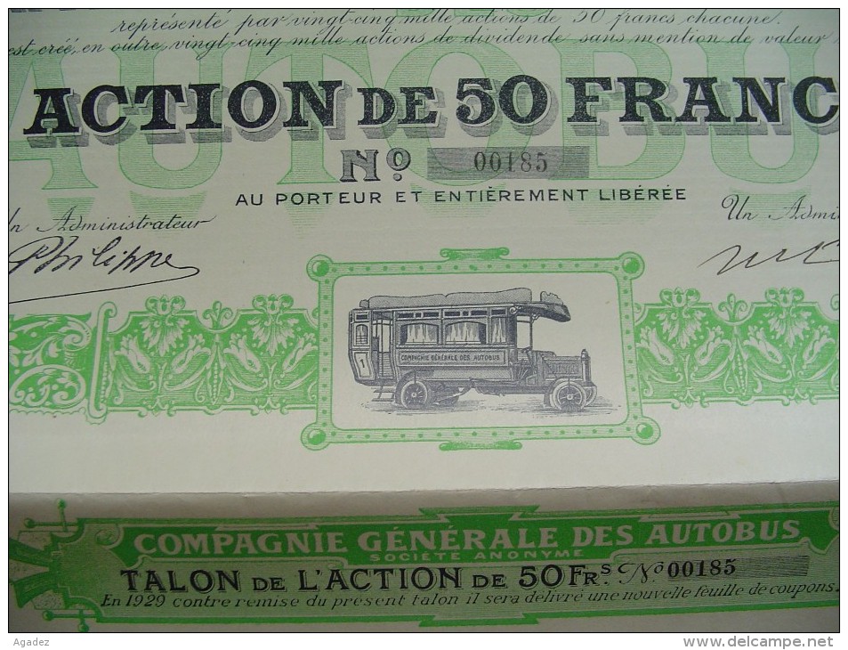 Action"Cie Générale Des Autobus" 1909 Bruxelles Excellent état,avec Tous Les Coupons. - Transports