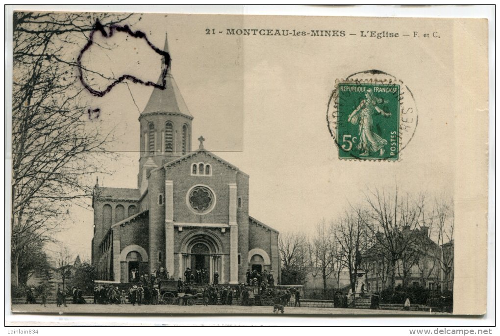 - 21 - MONTCEAU-les- MINES - ( S.-et-L. ), L'Eglise, Sortie De La Messe ?, Attelages, écrite En 1911, TBE, Scans. - Montceau Les Mines