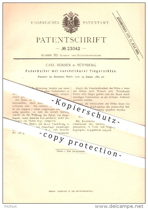 Original Patent - Carl Hörber In Nürnberg , 1883 , Federhalter Mit Verstellbarer Fingerstütze , Feder , Füllhalter - Schreibgerät