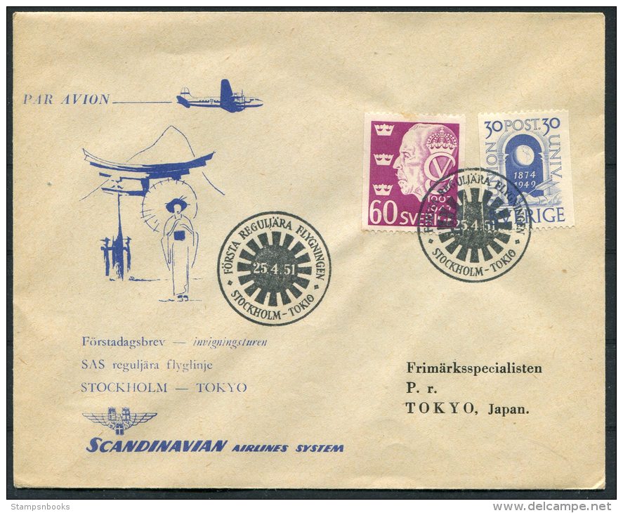 1951 Sweden Japan SAS Stockholm - Tokyo First Flight Cover - Briefe U. Dokumente