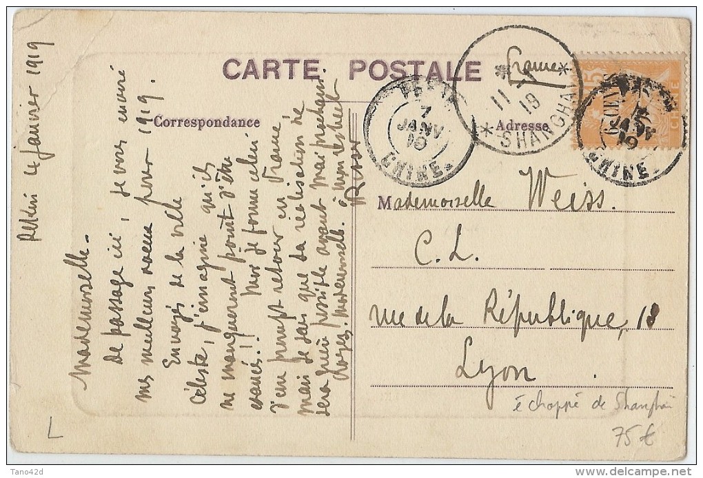 LBL31 CHINE MOUCHON 15c SURCH. 6c SUR CPA PEKIN / LYON 7/1/1919 OBL. ÉCHOPPÉ DE SHANGHAI 11/1/1919 - Covers & Documents