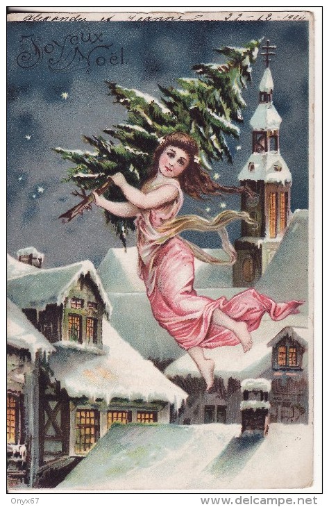 Carte Postale Fantaisie JOYEUX NOËL - ANGE Sapin Noël - Eglise Maison -Neige-Hiver -Voyagée 1904 - 2 SCANS - - Autres & Non Classés