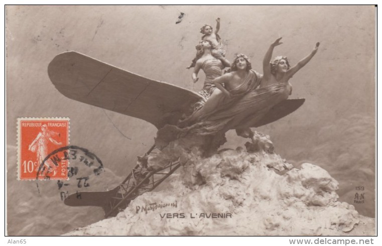 Mastroianni Artist Signed Image 'Vers L' Avenir', Beautiful Women On Front Of Airplane, C1910s Vintage Postcard - Mastroianni