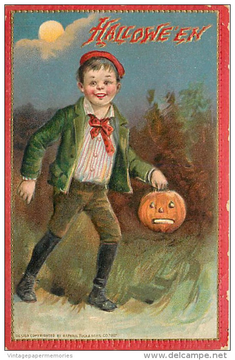 201561-Halloween, Tuck No 174-3, Frances Brundage, Boy Holding Jack O Lantern - Halloween