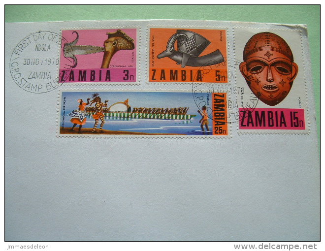 Zambia 1970 FDC Cover To England - Crafts - Axe - Mask - Pipe - Dance Boat - Antelope - Zambie (1965-...)