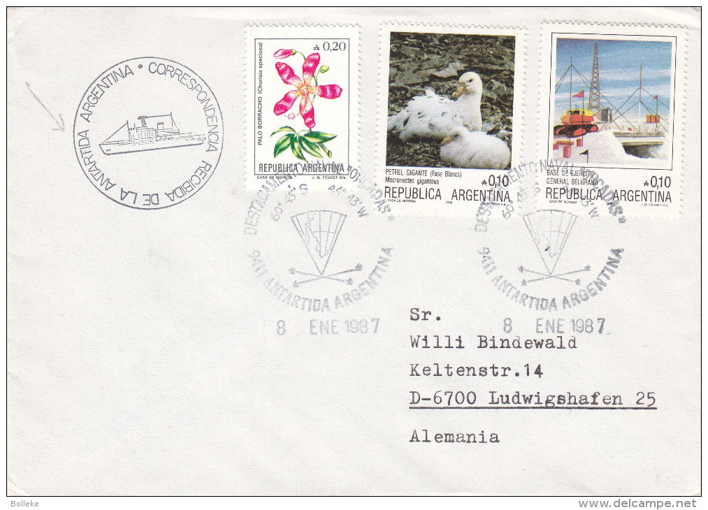 Fleurs - Oiseaux - Drapeaux - Tracteurs - Argentine - Lettre De 1987 - Oblitération Antartida Argentina - Onderzoeksstations