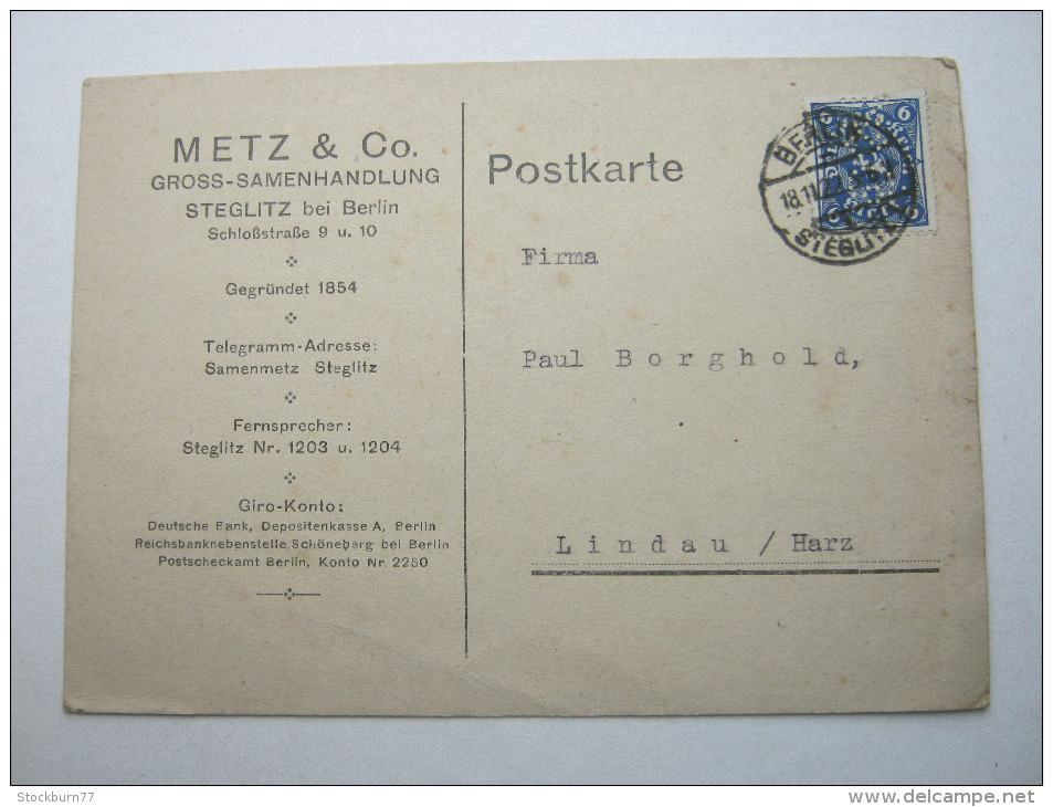 1923 , Berlin Steglitz     Firmenlochung , Perfin , Beleg - Briefe U. Dokumente