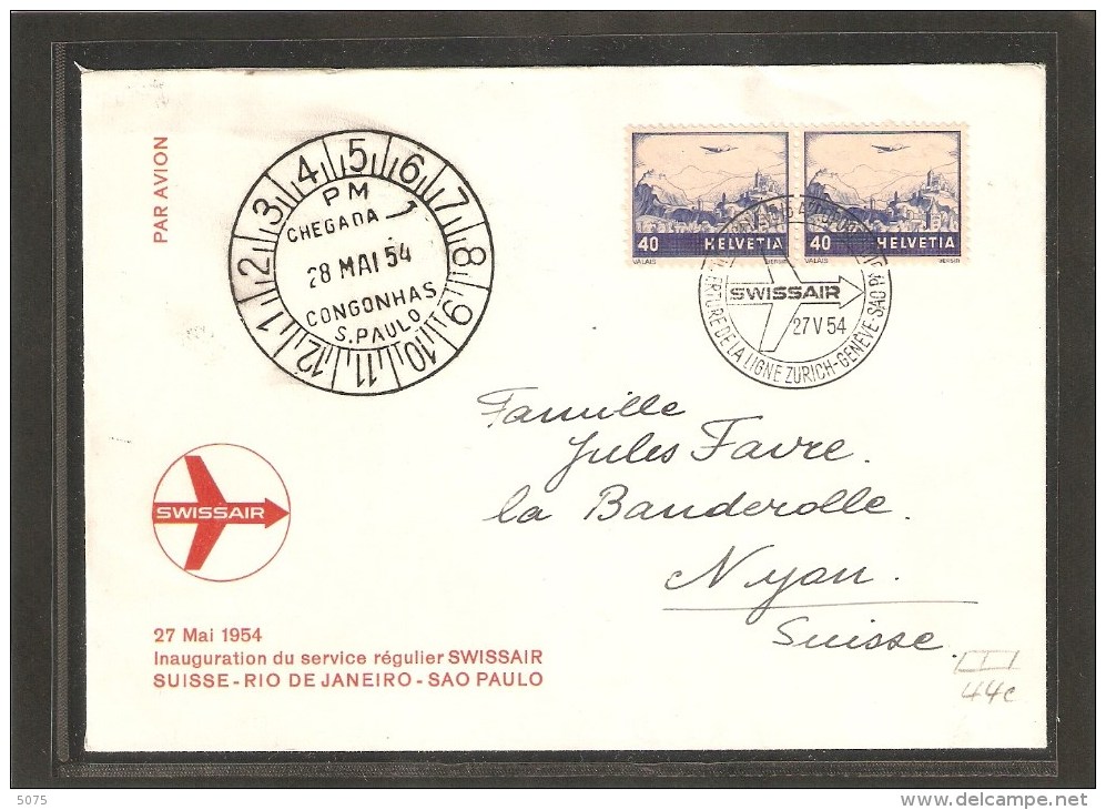 1954 Vol Zurich-Sao Paulo  Avec Paire De 40cs Outremer (Z44c) - First Flight Covers