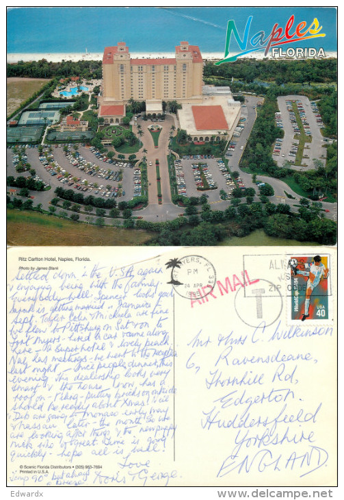 Ritz Carlton Hotel, Naples, Florida, United States US Postcard Posted 1995 Stamp + Postage Due Markings - Naples