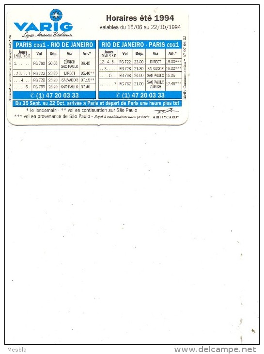 VARIG  AIRLINES -   Petite Carte  Horaires  été 1994  -  Paris - Rio De Janeiro   - Hotel Sofitel  Recife,  Salvador, - Wereld