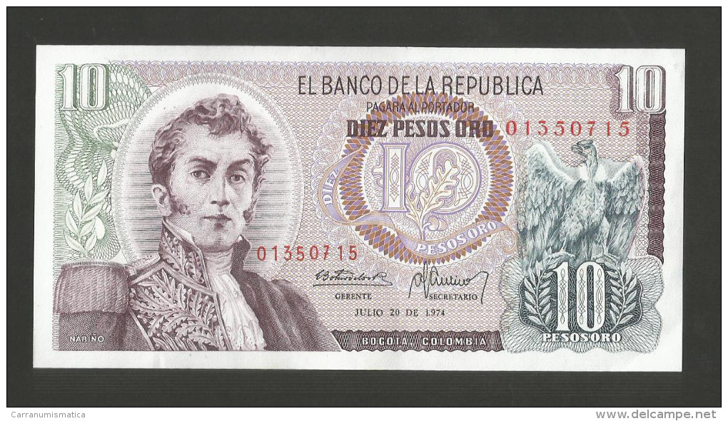 COLOMBIA - El BANCO De La REPUBLICA - 10 PESOS De ORO (1974) - NARINO - Colombie