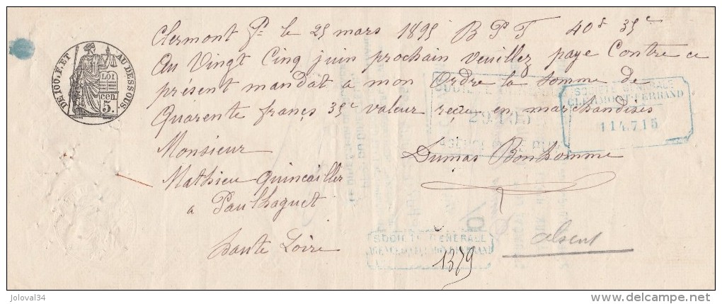 Lettre Change Manuscrite 25/3/1895 Filigrane Papier Timbré 1893  Clermont Ferrand Puy De Dôme à Paulhaguet Haute Loire - Bills Of Exchange