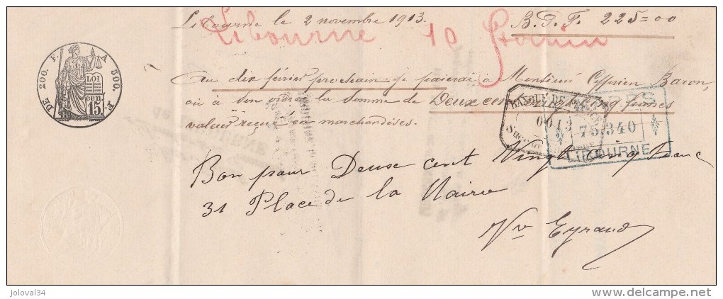Lettre Change Manuscrite 2/11/1913  Filigrane République Française 1911  De Libourne Gironde - Bills Of Exchange