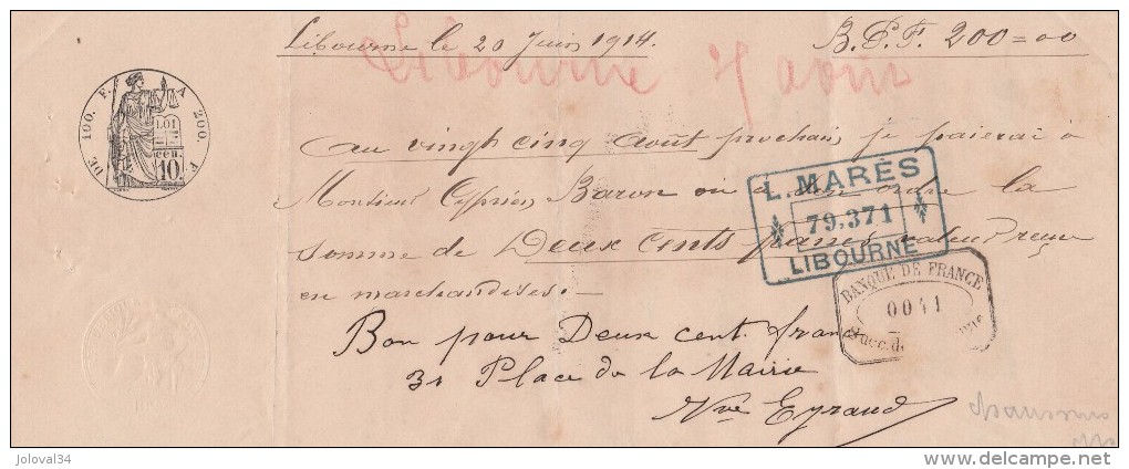 Lettre Change Manuscrite 20/6/1914  Filigrane République Française 1912  De Libourne Gironde - Wissels