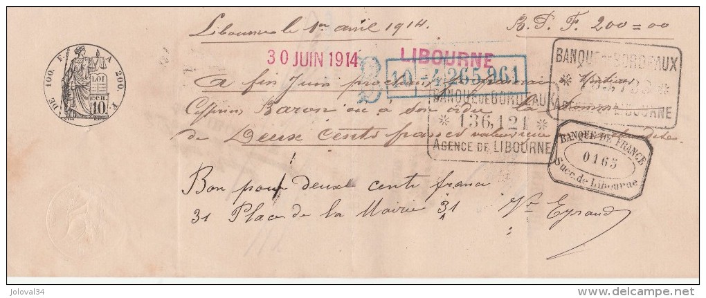 Lettre Change Manuscrite  Du 1/4/1914 Pour 30/6/1914 Filigrane République Française 1913  De Libourne Gironde - Wissels