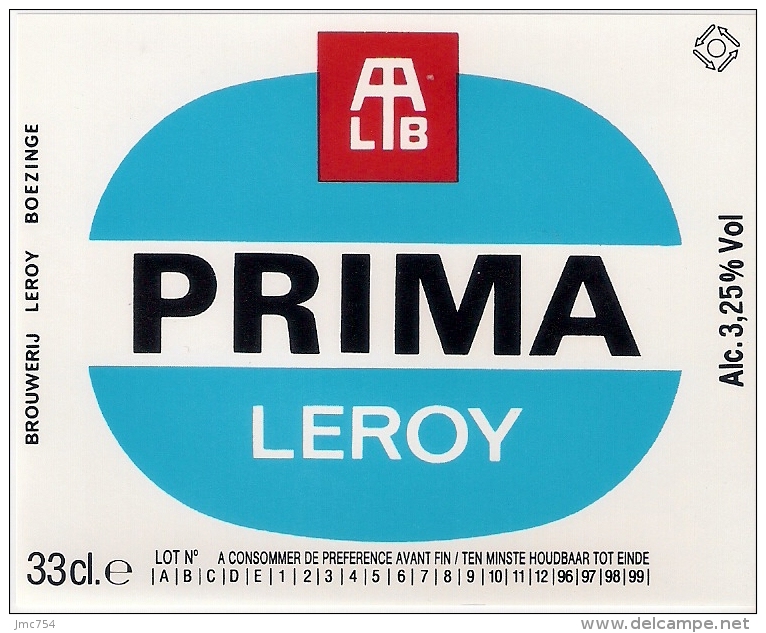 Etiquette Bière Belge. . Brasserie LEROY.  Boezinge.  Prima Leroy.   Neuve - Bière