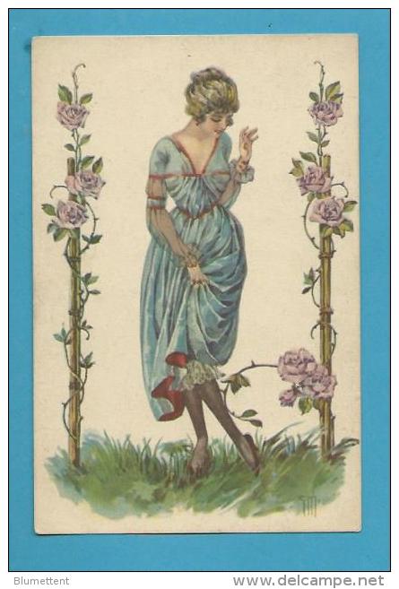 CPA 74-2 - Art Déco Art Nouveau Femme Fleurs Roses épines Illustrateur Italien - Unclassified