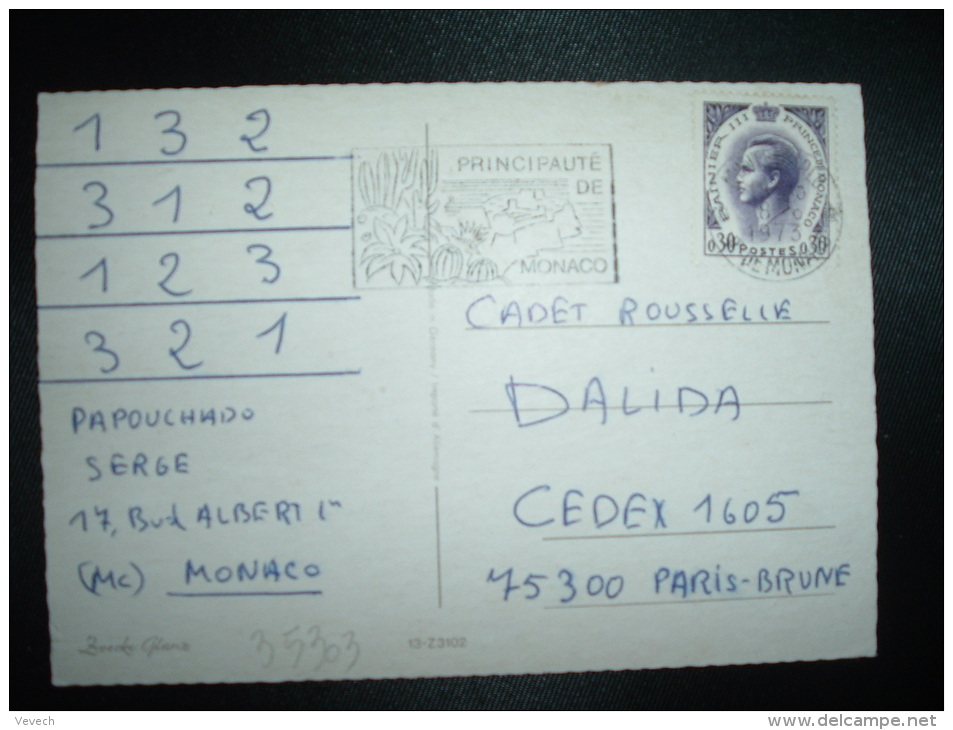 CP POUR LA FRANCE TP RAINIER III 0,30 OBL.MEC.8-6-1973 MONTE-CARLO - Covers & Documents