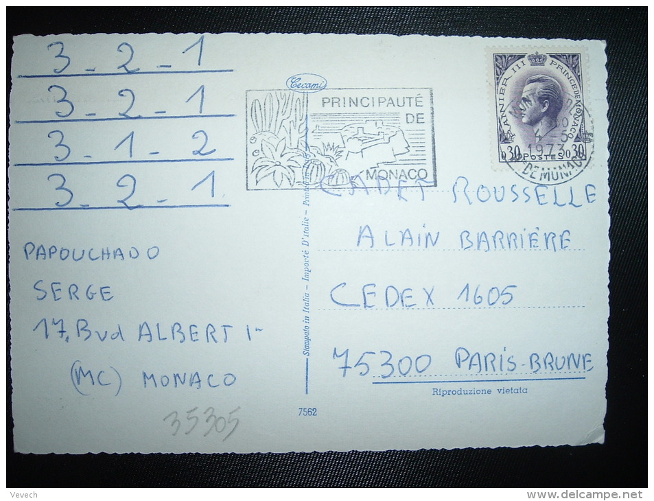 CP POUR LA FRANCE TP RAINIER III 0,30 OBL.MEC.4-5-1973 MONTE-CARLO - Covers & Documents