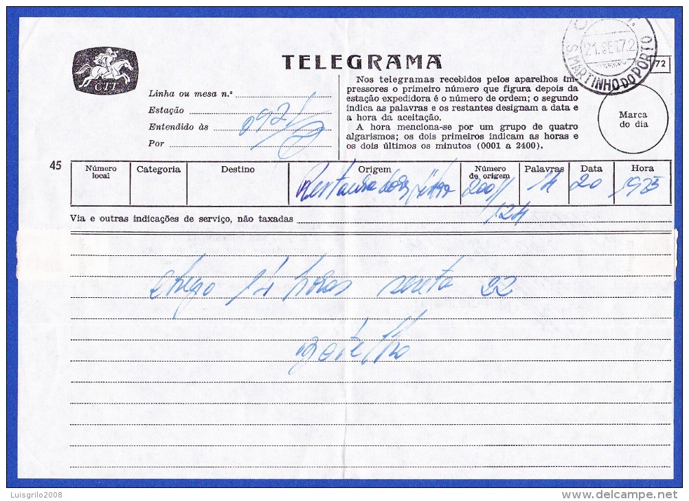 TELEGRAMA CTT -- CACHET - C.T.T. . S. MARTINHO DO PORTO - 21.SET.72 - Brieven En Documenten