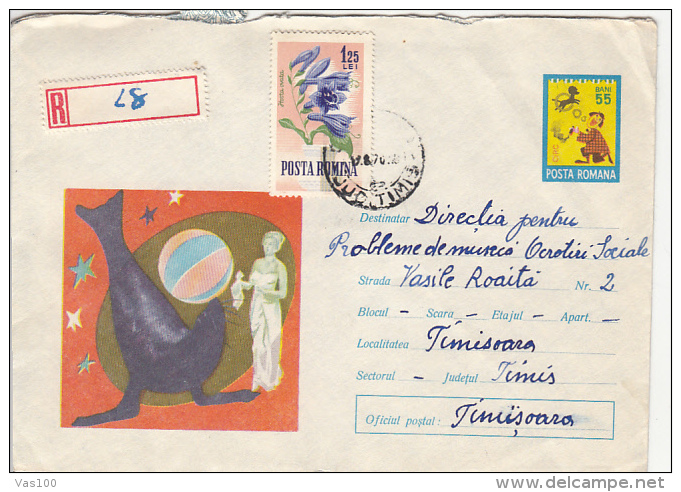 CIRCUS, SEAL, CLOWN, REGISTERED COVER STATIONERY, ENTIER POSTAL, 1970, ROMANIA - Circus