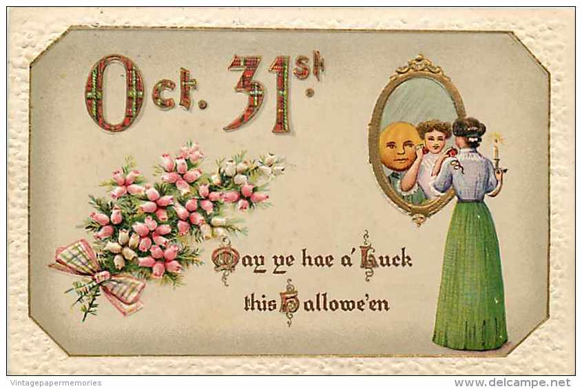 240297-Halloween, Gottschalk Dreyfuss & Davis No 2402-1, Woman Sees Pumpkin Head Man In Mirror Reflection, Roses - Halloween