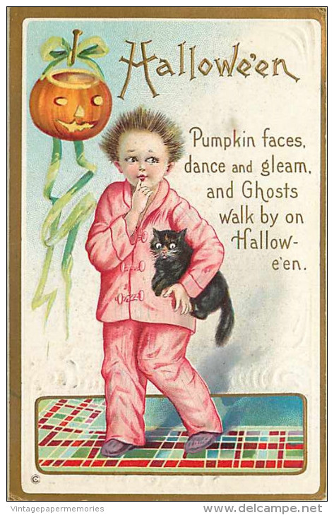 240313-Halloween, Stecher No 226 E, Boy Holding Black Cat, Jack O Lantern Hanging On Wall - Halloween