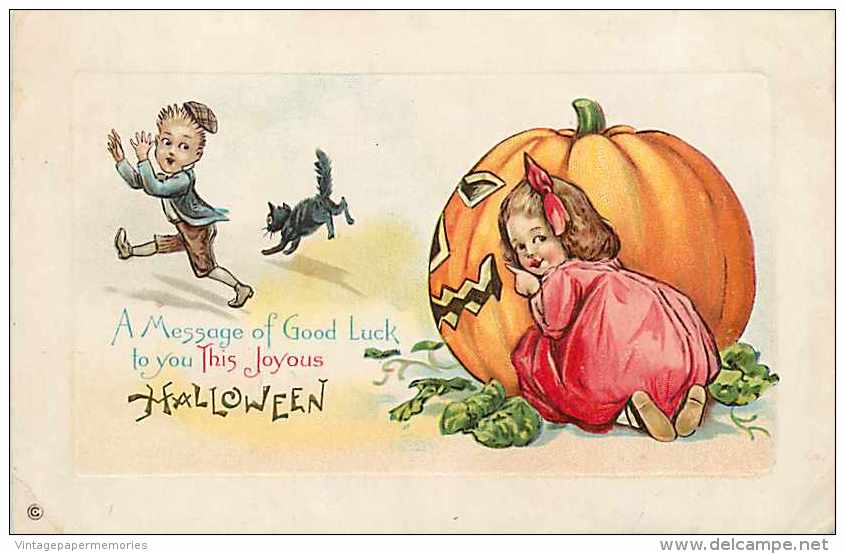 240325-Halloween, Stecher No 339 F, Black Cat & Boy Scared By Girl & Large Jack O Lantern - Halloween