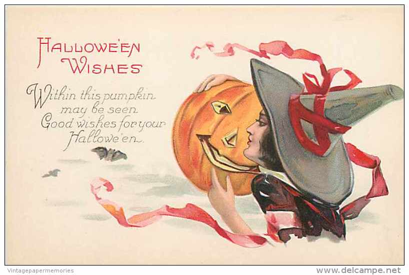 240339-Halloween, Stecher No 1238 A, Witch Holding A Large Jack O Lantern - Halloween