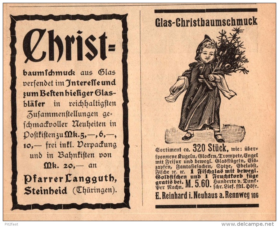 Original Werbung - 1901 - Pfarrer Langguth In Steinheid Und E. Reinhard I. Neuhaus A. Rennweg , Christbaumschmuck !!! - Kerstversiering