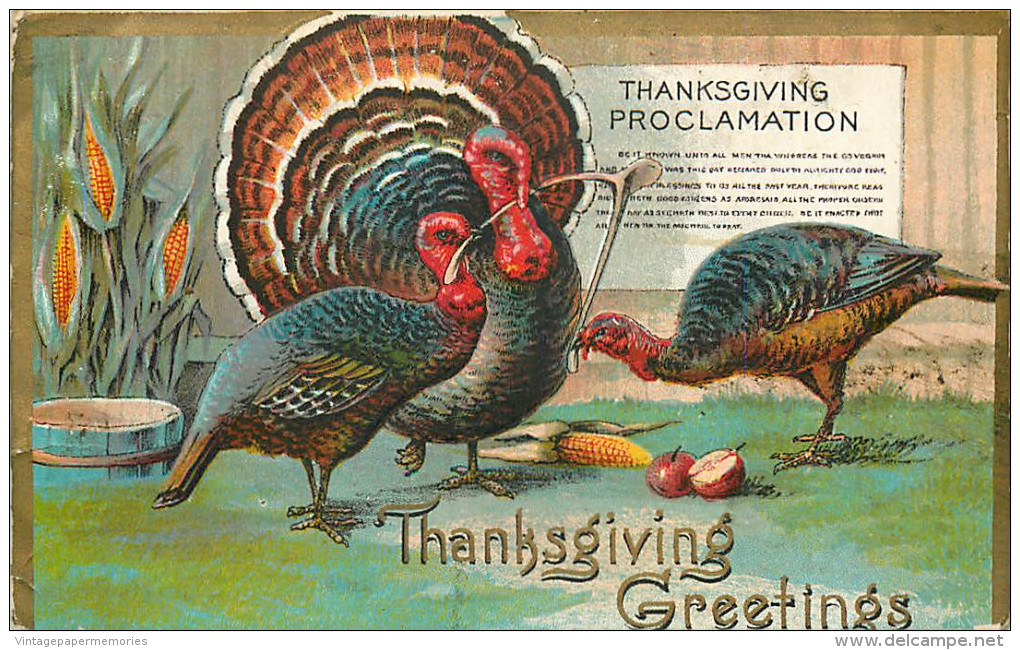 256001-Thanksgiving, Unknown No UP09-1, Thanksgiving Proclamation, Three Turkeys With Wishbone - Thanksgiving