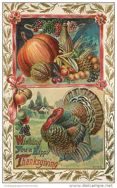 256007-Thanksgiving, Unknown No 5706, Turkey In Field, Vegetables & Fruits - Giorno Del Ringraziamento