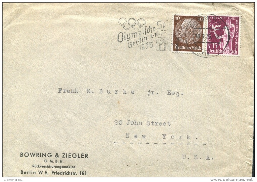 Lettre Avec Flamme Jeux Olympiques De Berlin 1936  De La Societe Bowring Et Ziegler Courier Avec La Lettre - Sommer 1936: Berlin