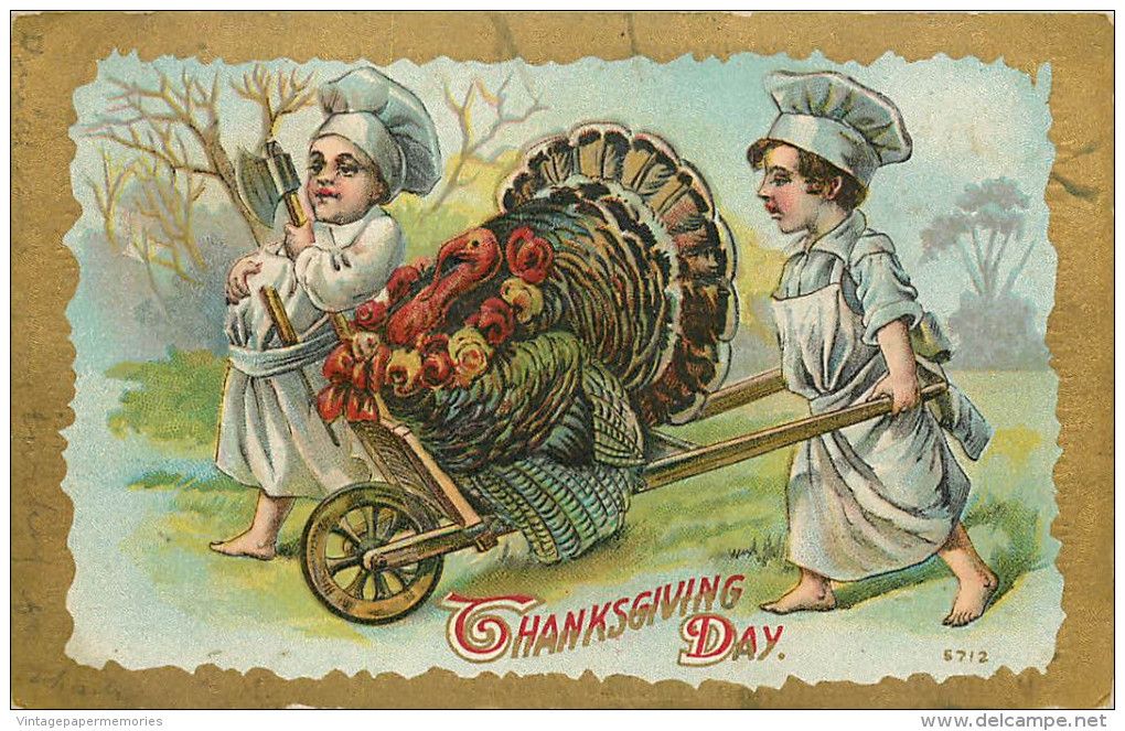 256013-Thanksgiving, Unknown No 5712, Two Boys In Chef Outfits Moving A Large Turkey In A Cart - Thanksgiving