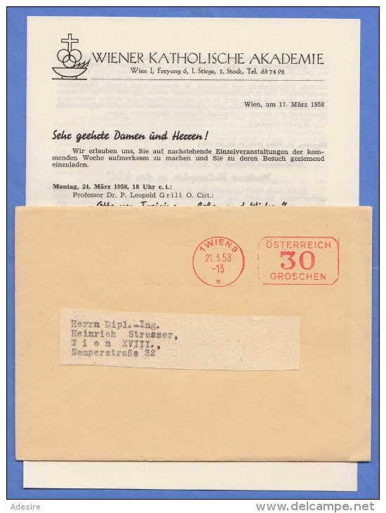 ÖSTERREICH 1958 - 30 Gro Freistempel Auf Brief D.Wr.Kath.Akademie, Brief Mit Inhalt - Historische Dokumente