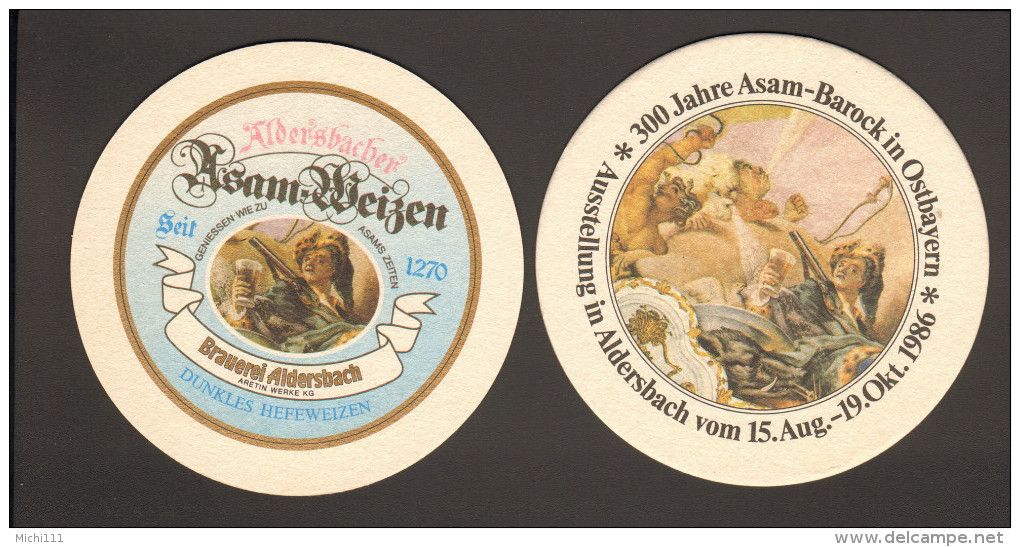 Bierdeckel Rund Brauerei Aldersbach Aldersbacher Asam-Weizen Rückseite 300 Jahre Asam-Barock Ausstellung 1986 - Sous-bocks
