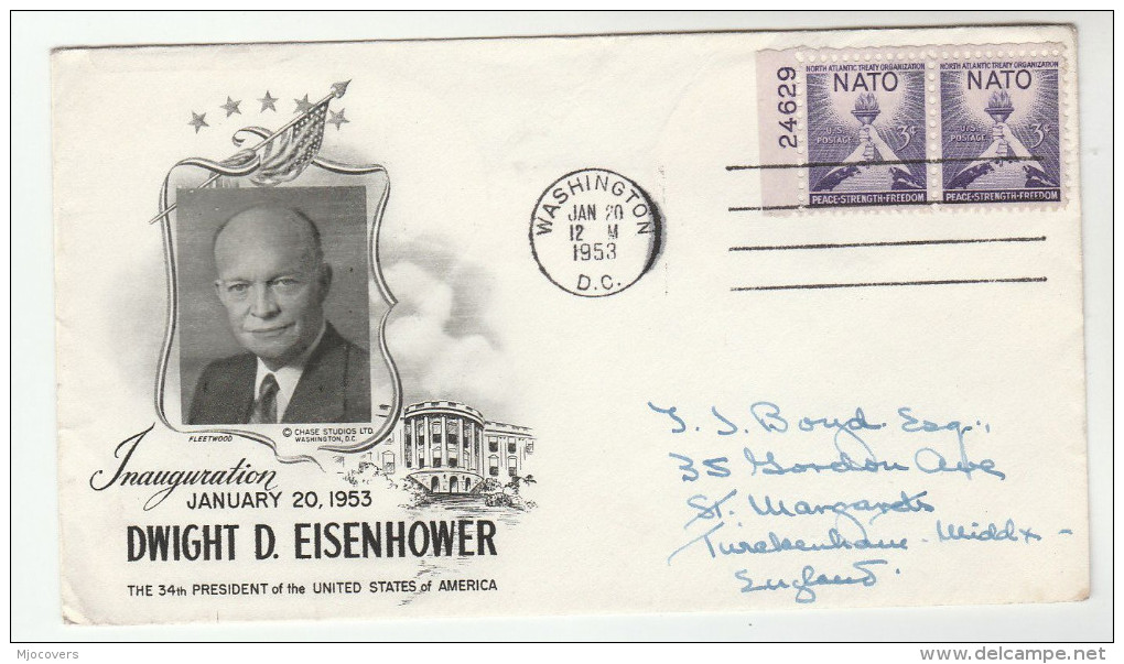 1953 President EISENHOWER INAUGURATION DAY COVER  Franked Pair NATO Stamps Pmk WASHINGTON Usa - NATO