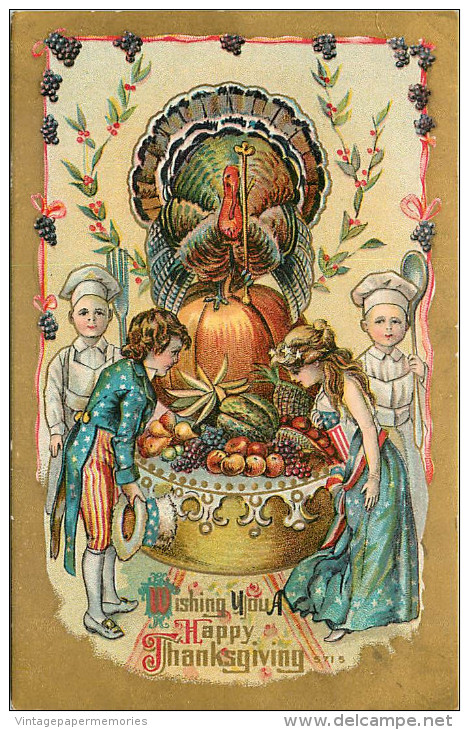 256015-Thanksgiving, Unknown No 5715, Boy Wearing Uncle Sam Clothes, US Patriotic, Turkey, Fruits & Vegetables - Giorno Del Ringraziamento