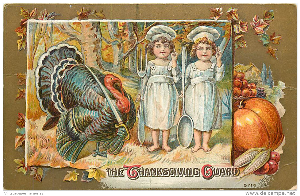256017-Thanksgiving, Unknown No 5716, Turkey With Sword Watching Two Boys In Chef Clothes Holding Large Fork & Spoon - Thanksgiving