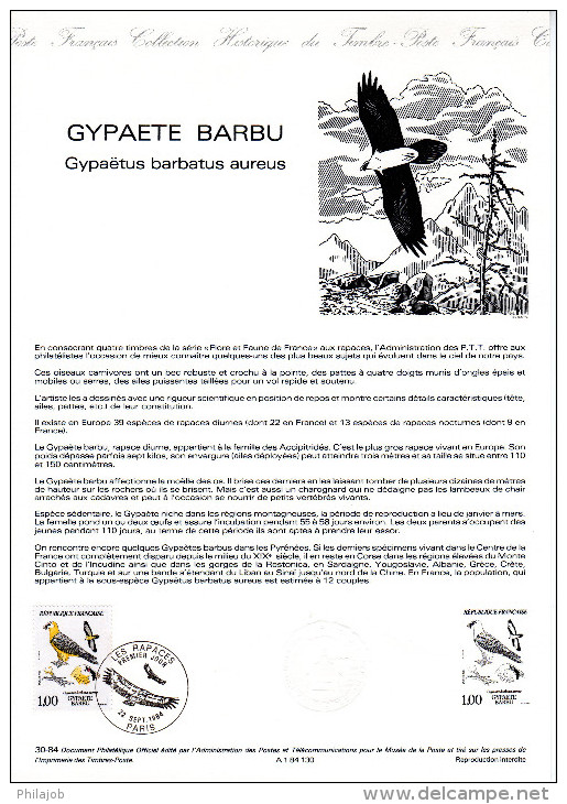 FRANCE 1984 : Document Philatélique Officiel N° 30-84 N° YT 2337 " GYPAETE BARBU ". Parfait état. DPO - Águilas & Aves De Presa
