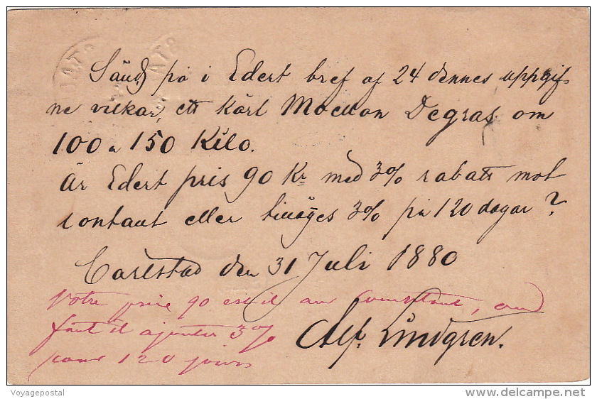 Entier Postal Karlstad (Suède), Cachet D'entrée Bleu >> France 1880 - Postal Stationery