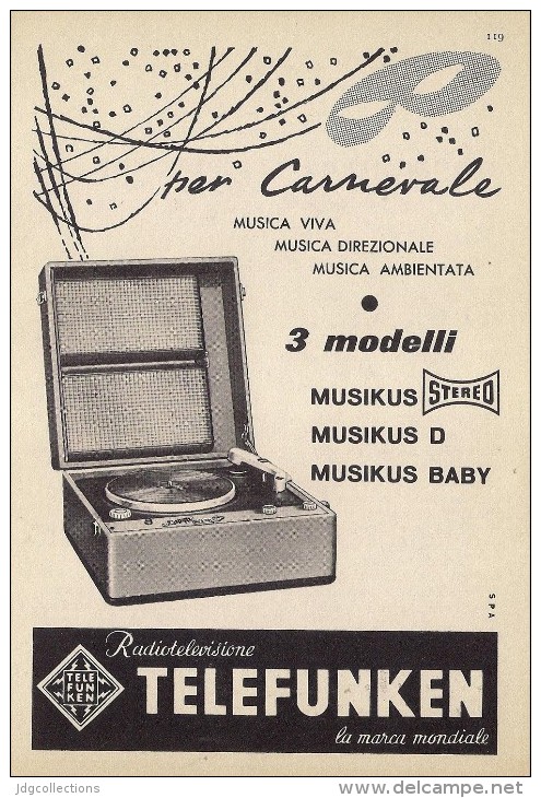 # TELEFUNKEN GIRADISCHI TURNTABLE ITALY 1950s Advert  Publicitè Reklame Drehscheibe Radio TV Carnival Carnevale - Altri & Non Classificati