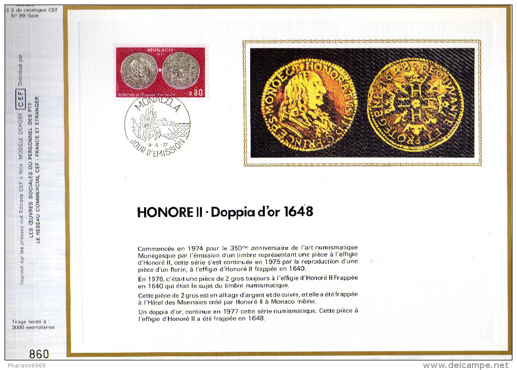 Feuillet Tirage Limité CEF 133 Soie Honoré II Monnaie Pièce Doppia D´or 1648 Monaco - Brieven En Documenten