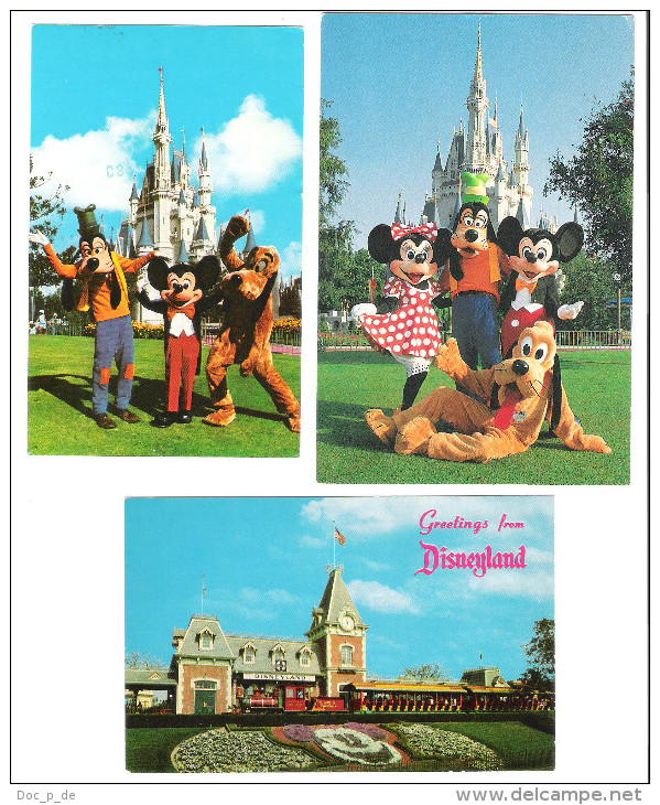 USA - 3 Cards - Disneyland - Walt Disney - Mickey Mouse - Goofy - Pluto - Disneyland