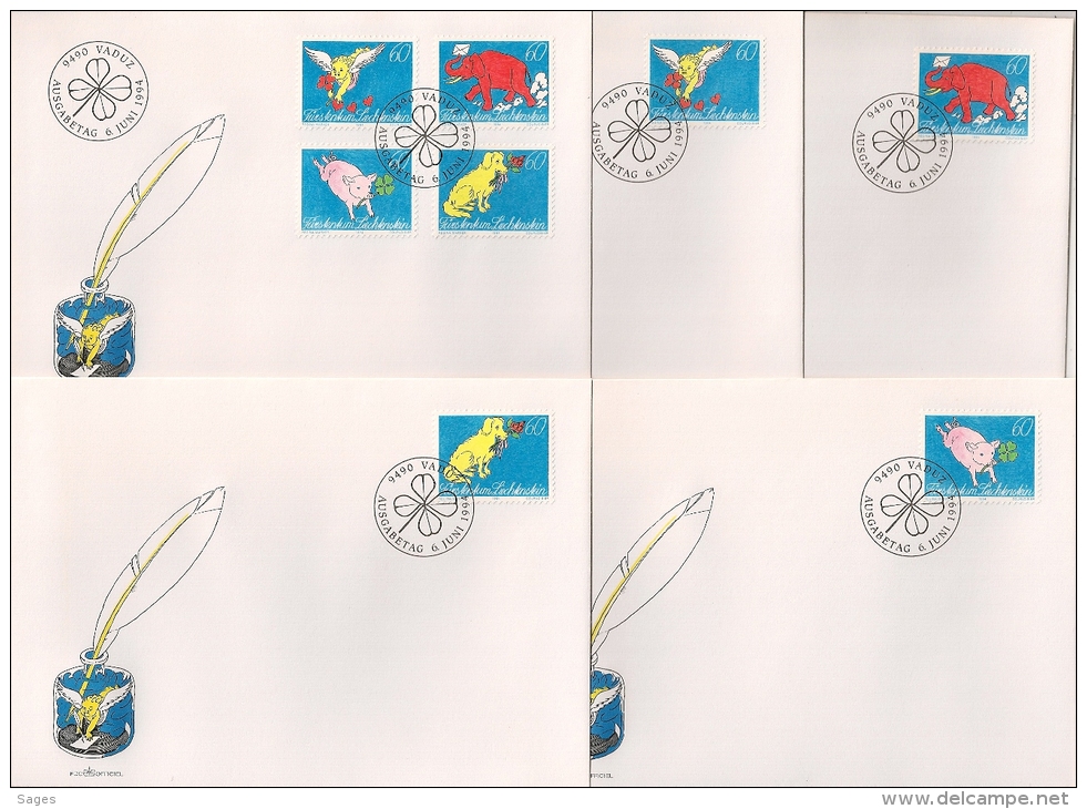 9 FDC 1994 : 9 ENVELOPPES. ANGE, ELEPHANT, COCHON Et CHIEN. LIECHTENSTEIN. - Lettres & Documents