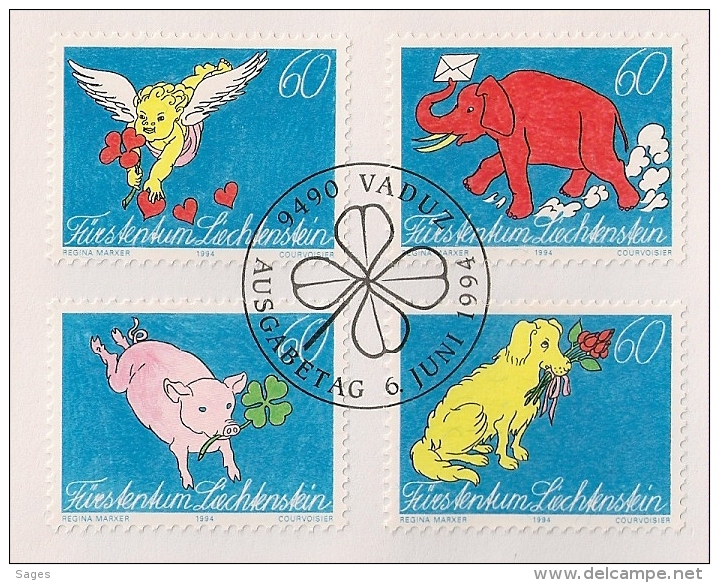 9 FDC 1994 : 9 ENVELOPPES. ANGE, ELEPHANT, COCHON Et CHIEN. LIECHTENSTEIN. - Lettres & Documents