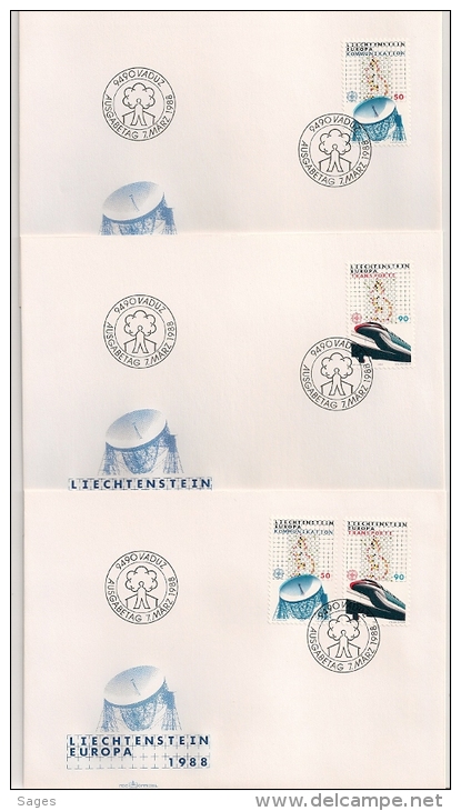 EUROPA KOMMUNIKATION TRANSPORTE 1988 LIECHTENSTEIN. 3 FDC. 3 ENVELOPPES. - Covers & Documents