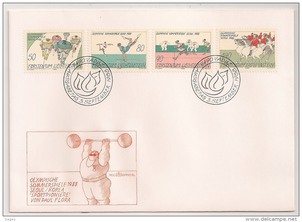 OLYMPISCHE SOMMERSPIELE SEOUL KOREA ,  1988 LIECHTENSTEIN. 1 FDC. 1 ENVELOPPE. - Lettres & Documents