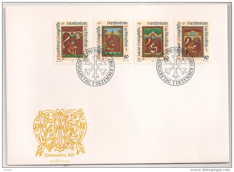 S MATTHAEUS, S.LUCAS, S.JOHANNES, S MALCUS ,  LIECHTENSTEIN, 1987 . 1 FDC. 1 ENVELOPPE. - Lettres & Documents