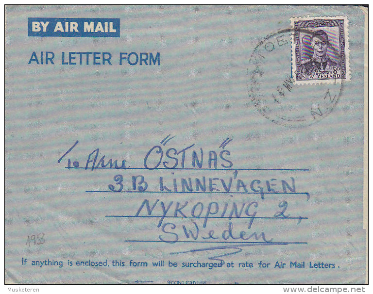 New Zealand By Air Mail Air Letter Form PAPATOETOE Auckland 1953 Cover Brief NYKÖBING Sweden 8d. GVI Stamp - Corréo Aéreo